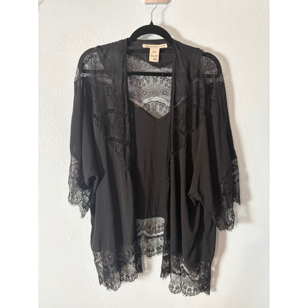 American Rag Cie Black Lace Kimono Cardigan ML Whimsigoth Boho Gothic Sheer
